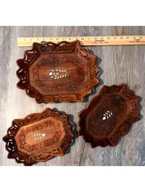 Intricately Carved Wooden Tray Set of 3 VTG